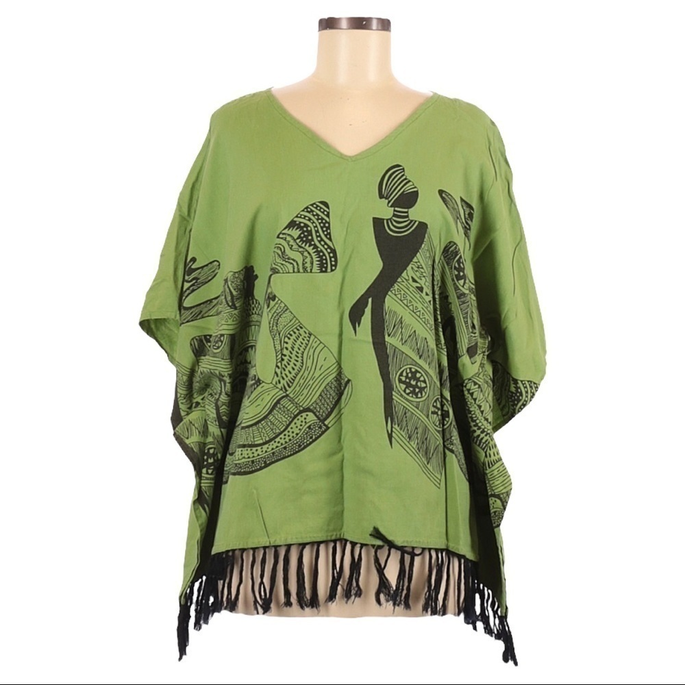 Persona Vintage Green Fringe Graphic Print 100% Rayon Poncho Kaftan Kimono O/S